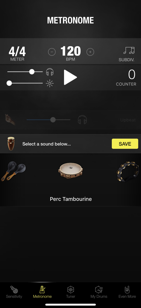 Drumtune PRO | Drum Tuner - Metronome screen in Drumtune PRO app showing 120 BPM and percussion sound selection