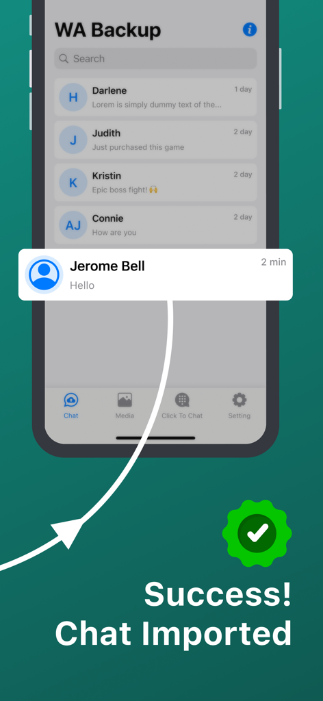 Interface showing a successful WhatsApp chat import into the WA Backup app with a green checkmark icon.