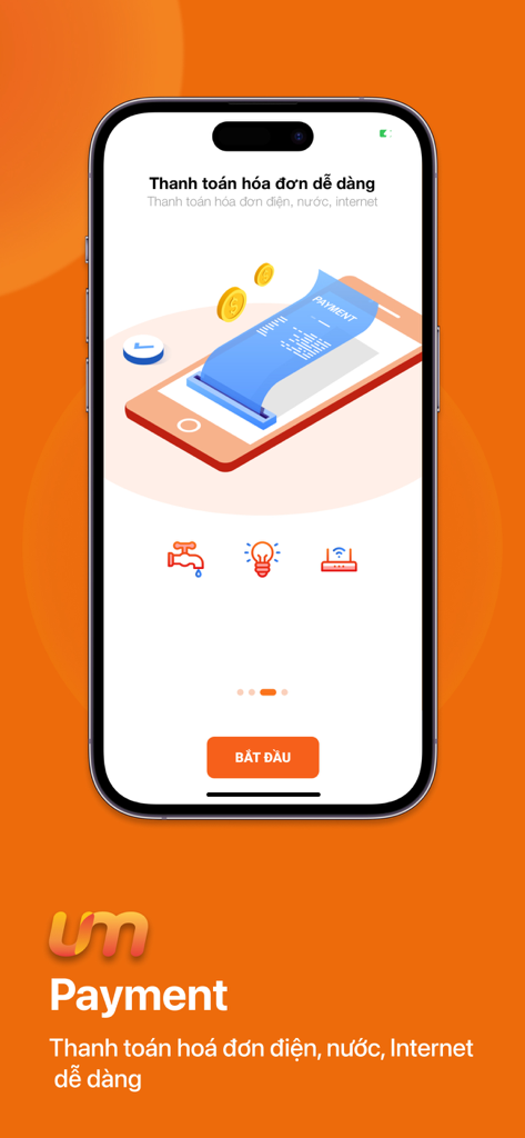 u-money mobile app interface showing options for paying electricity water and internet bills.