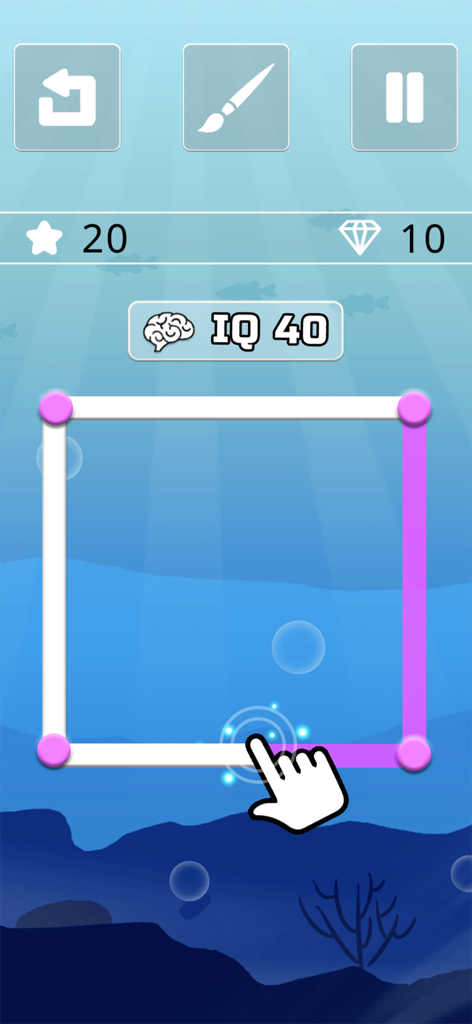 One line only : dot to dot - A player connecting pink dots to form a square in the One line only brain training game with an underwater background