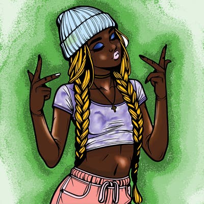 realistic teenage girl with braids and a beanie and crop top doing 🫶🏼