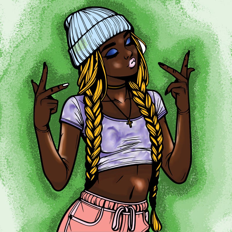 realistic teenage girl with braids and a beanie and crop top doing 🫶🏼