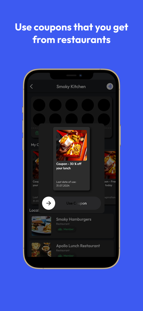 A smartphone displaying a digital thirty percent off lunch coupon for a local restaurant within the Fides membership app.