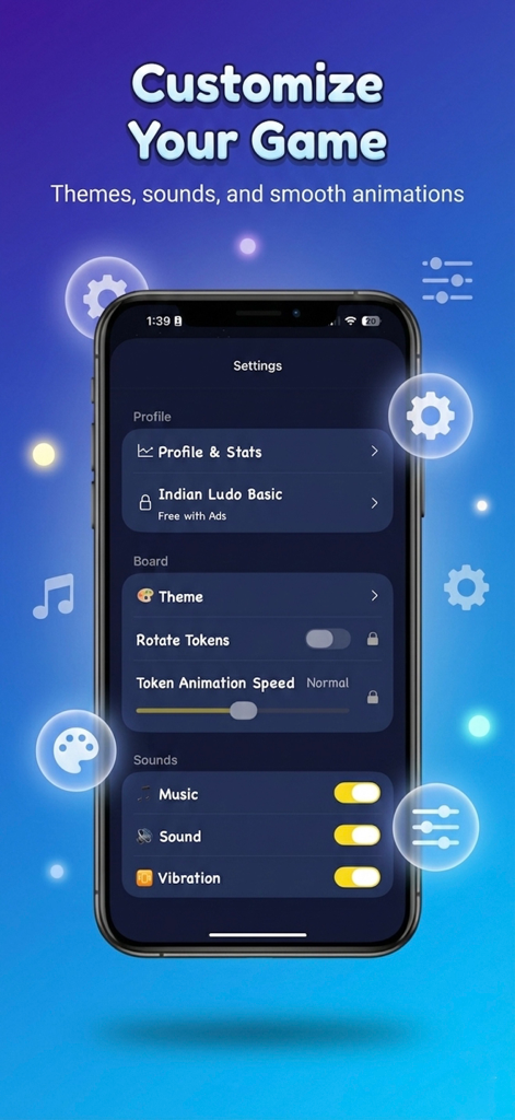 Indian Ludo, Ashta Chamma Game - Settings screen of Indian Ludo app showing game customization options for themes sounds and animations