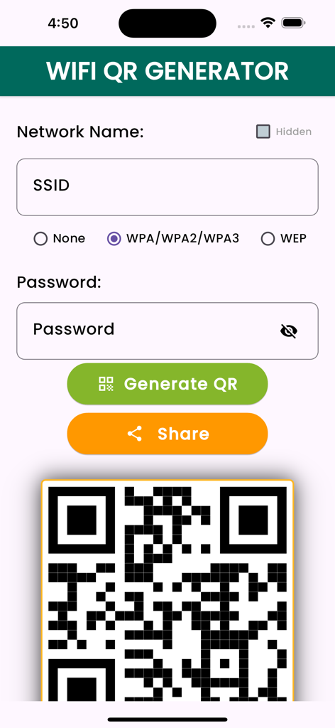 WiFi QR Generator Offline - Interface of the WiFi QR Generator app showing SSID and password input fields to create a network sharing QR code.