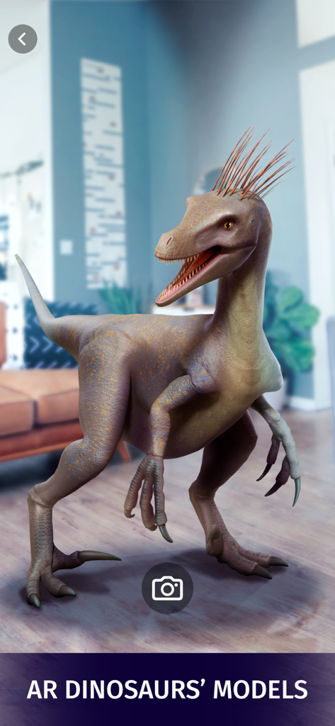 Dinosaur World Alive AR: Facts - Realistic 3D feathered dinosaur model appearing in a living room via AR mode