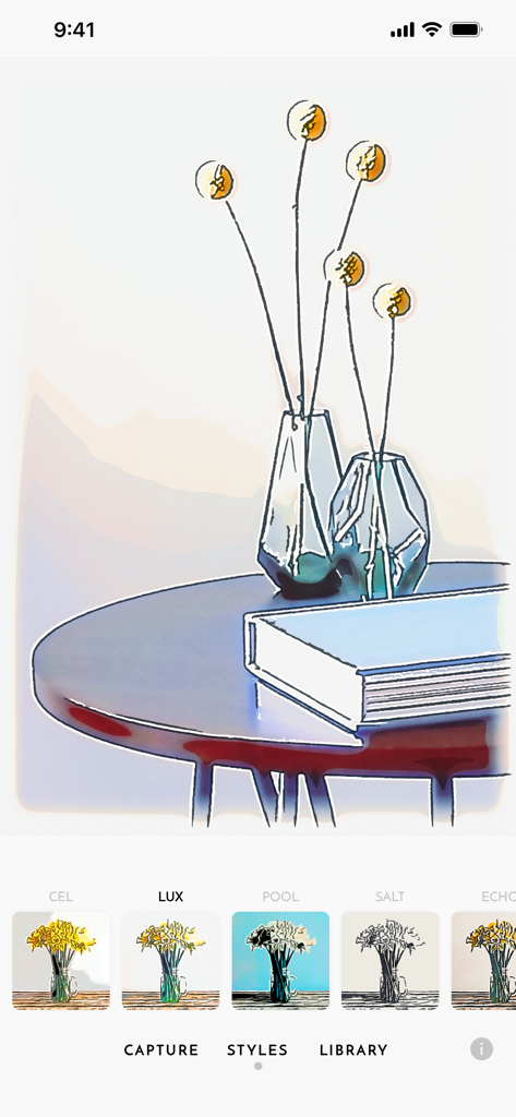 An artistic hand-drawn filter effect on a still life image in the Olli app interface.