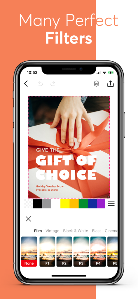 Smartphone screen displaying Phonto app photo filters and editing tools.
