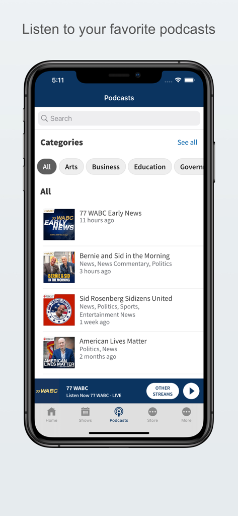 Podcasts interface of the 77 WABC app showing categories and talk show episodes