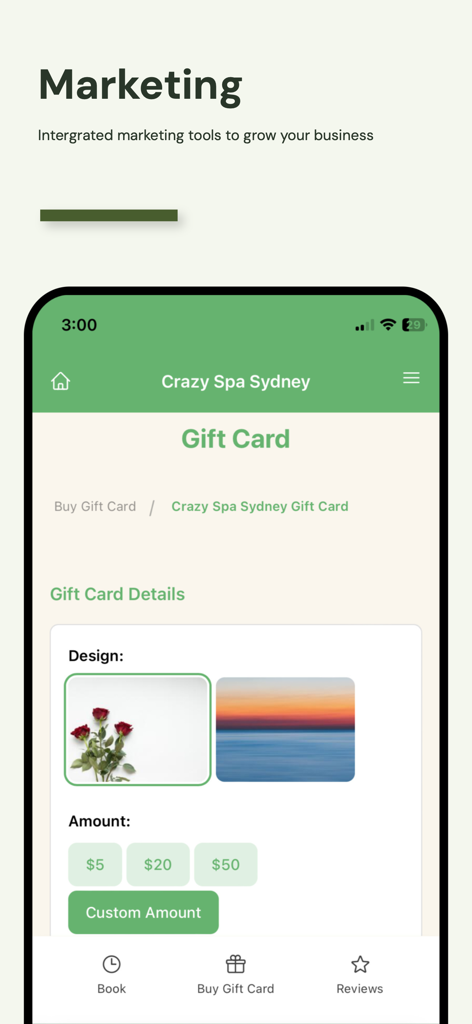 Ovatu - Ovatu mobile app interface showing gift card marketing tools for small businesses