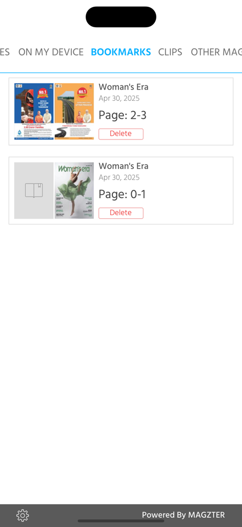 Woman's Era - Interface of the Woman's Era app showing a list of saved magazine bookmarks and pages.