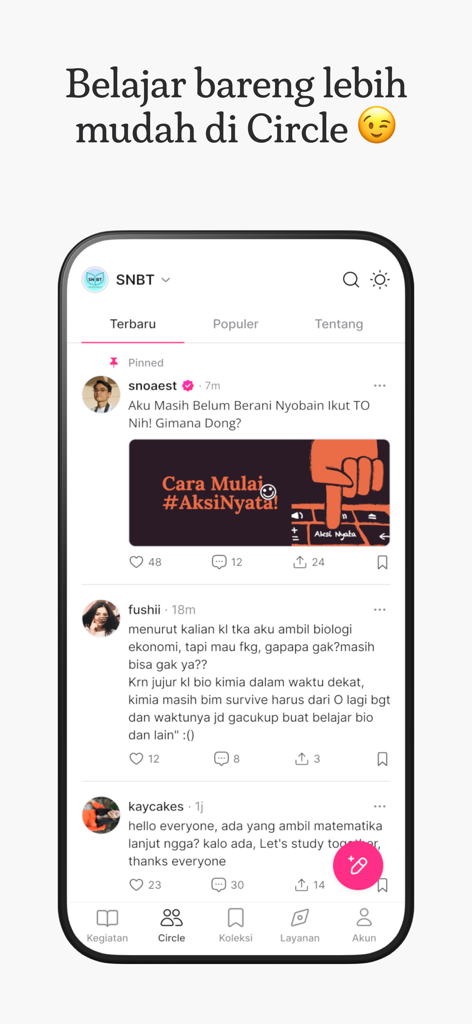 Analitica: Bantu Lolos Seleksi - Interface of the Circle feature in the Analitica app showing a student forum and discussion feed