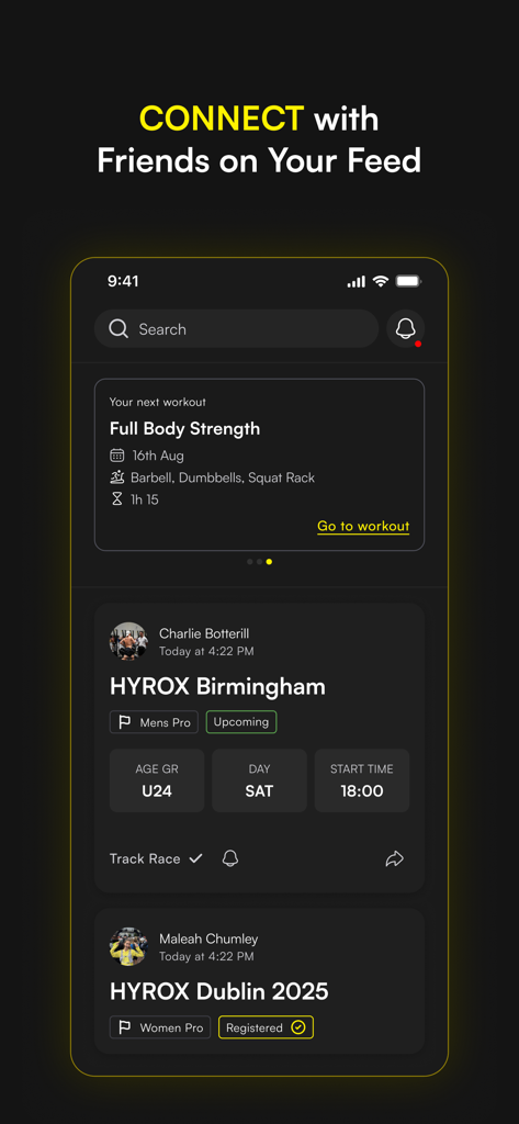 ROXFIT - ROXFITアプリのスクリーンショット。友人のワークアウトやHyroxレース登録状況が表示されたソーシャルアクティビティフィードを示しています。