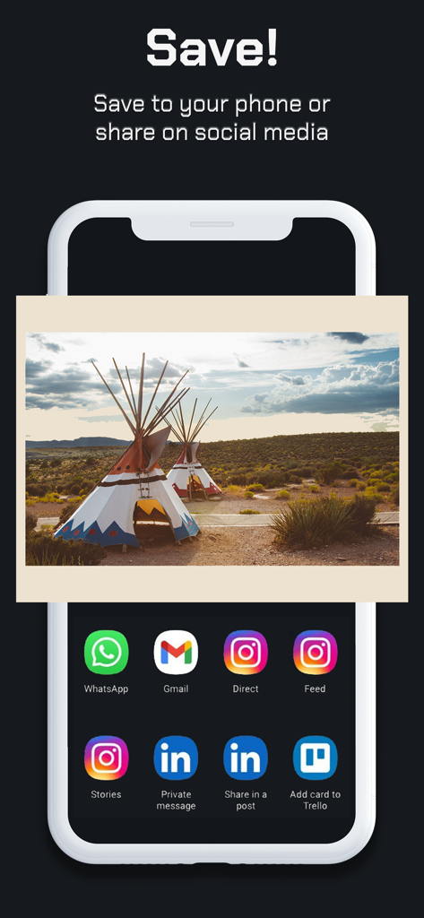 Mobile app interface showing options to save edited photos or share them directly to social media platforms like Instagram and WhatsApp