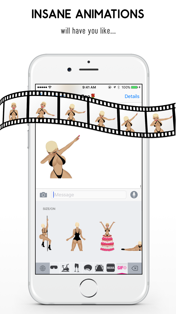 MuvaMoji by Amber Rose - Screenshot of MuvaMoji app showing a blonde animated emoji dabbing in a messaging interface with a filmstrip preview of the animation.