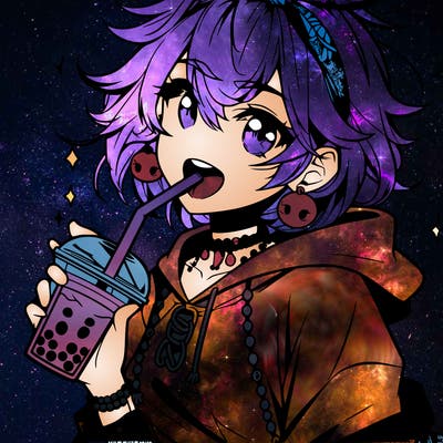 hot baddie anime girl drinking boba and biting the straw