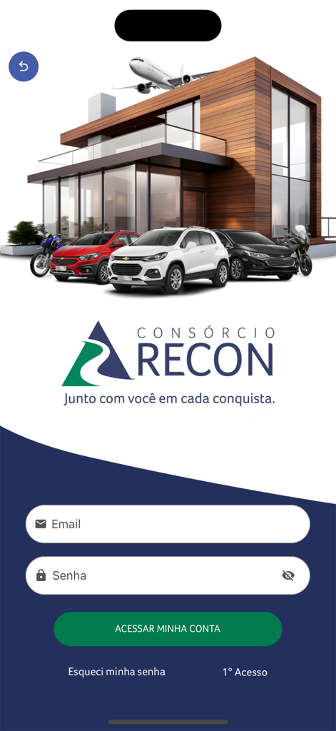 Meu Consórcio Recon - Login screen of the Meu Consorcio Recon app with illustrations of a house cars and an airplane