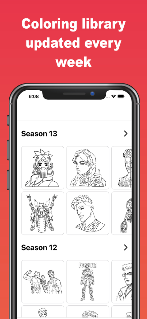 Colortnite: Nite Coloring Game - Interface do aplicativo Colortnite mostrando uma biblioteca de skins de personagens organizadas por temporadas para colorir.