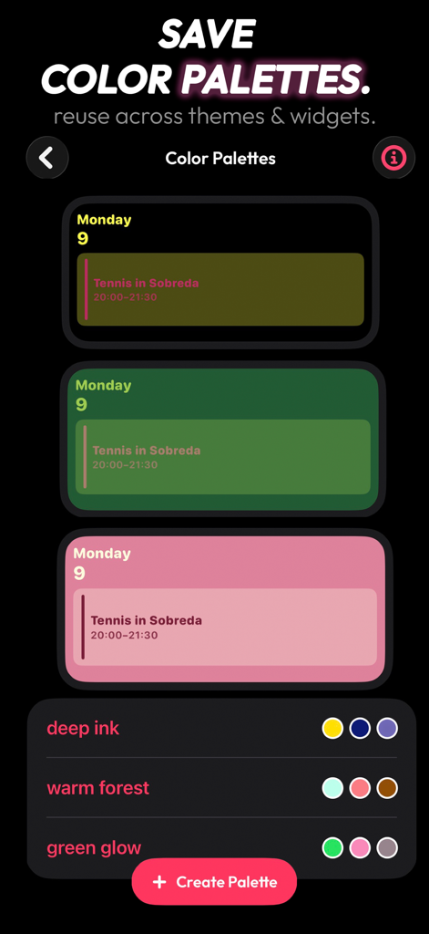 Anime widgets & themes: Yume - Interface for saving and reusing custom color palettes for anime calendar widgets.