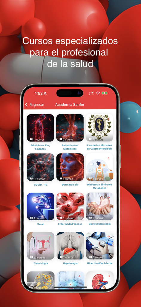 Pantalla de Academia Sanfer que muestra un catálogo de cursos médicos especializados para profesionales de la salud.