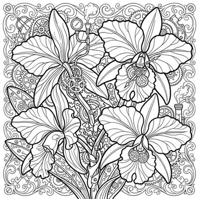 Unleash your creativity with this exquisite coloring page featuring the majestic Cattleya orchids reimagined in a captivating steampunk style. Discover a world where delicate floral beauty meets intricate clockwork and industrial fantasy.