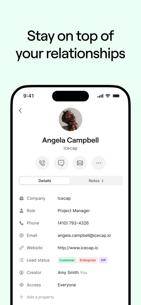 Quo app interface displaying a detailed business contact profile with lead status and CRM information.