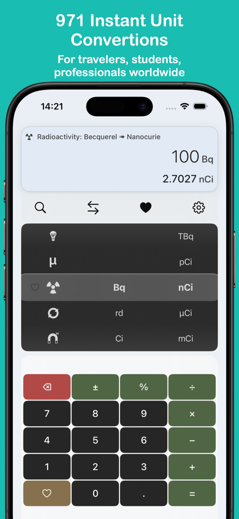Measures Unit Converter - Smartphone screen showing radioactivity unit conversion and a scientific calculator