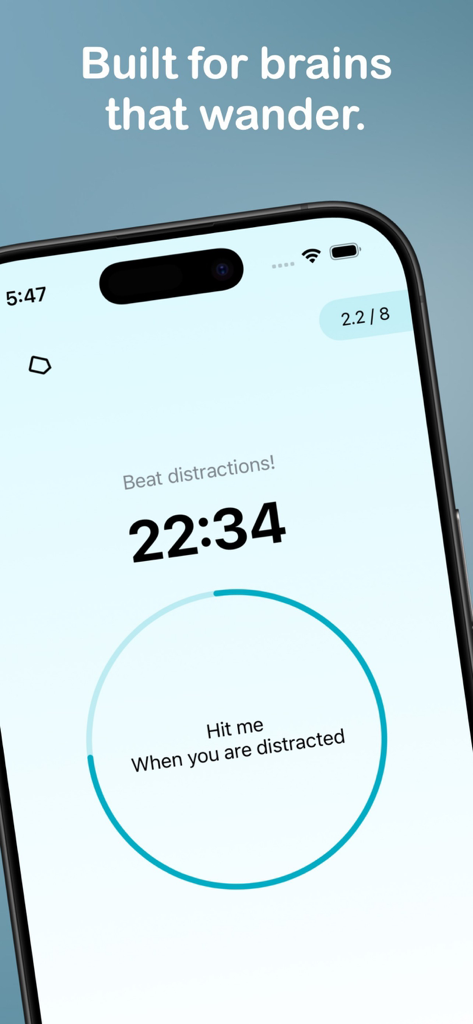 Engross: ADHD Focus Timer - Engross ADHD focus timer screen with a distraction tracking button and countdown timer
