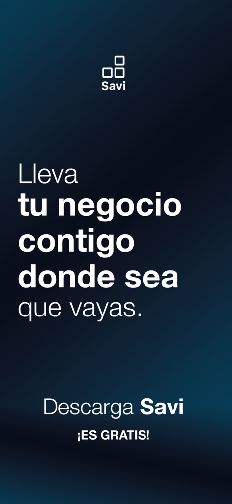 Tela de marketing do aplicativo Savi com texto em espanhol promovendo o gerenciamento de negócios móveis