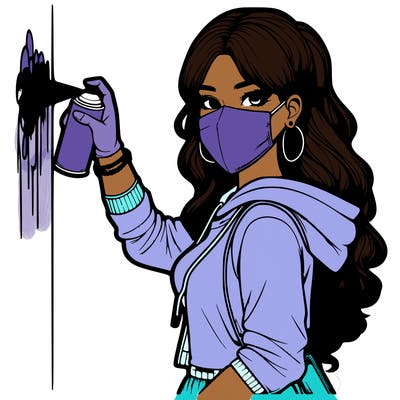 realistic girl with mask spray painting a wall