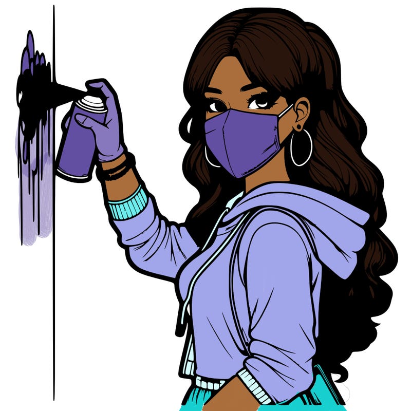 realistic girl with mask spray painting a wall