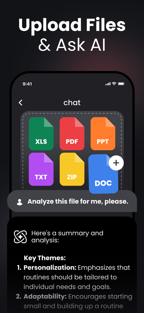 Interface do aplicativo Chat and Ask AI mostrando opções de upload de arquivos e um resumo de um documento analisado