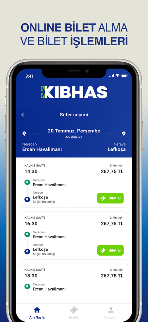 KIBHAS mobile app screen showing bus trip selection and online ticket booking from Ercan Airport