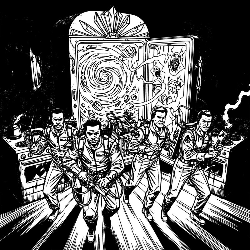 ghostbusters characters inside a fridge leading to a new dimension