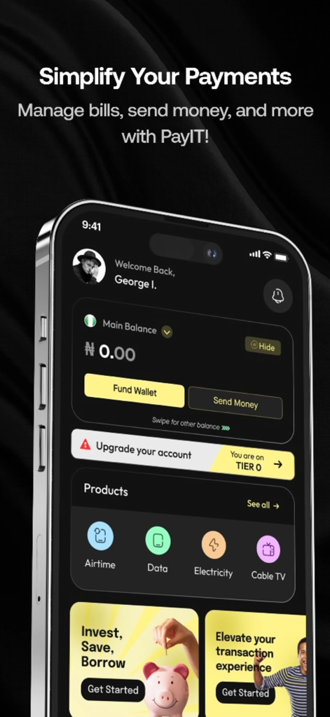 Smartphone screen displaying the PayIT app dashboard with wallet balance and bill payment features