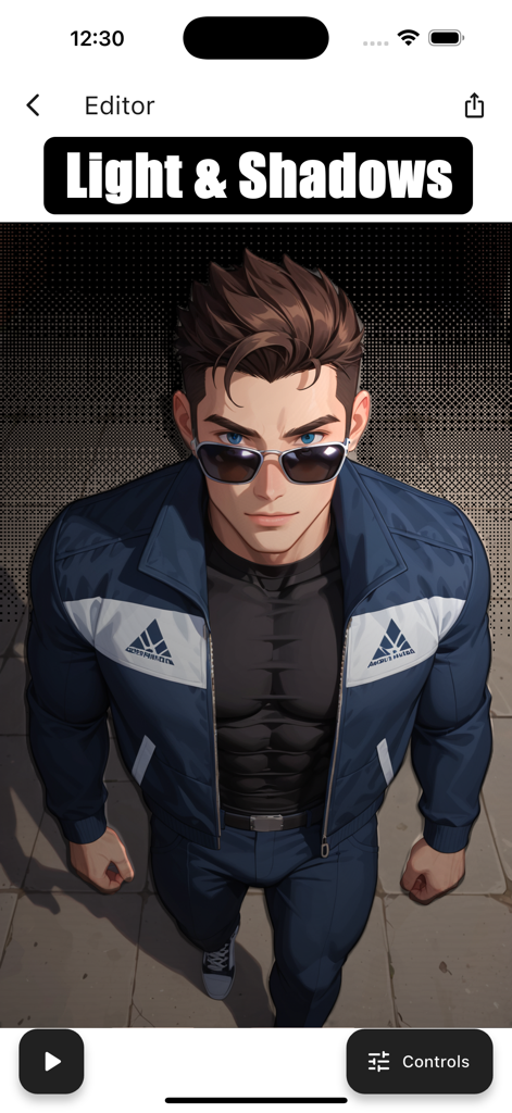 Interface of the Live 3D Photo Animator app showing light and shadows editing on a male character illustration