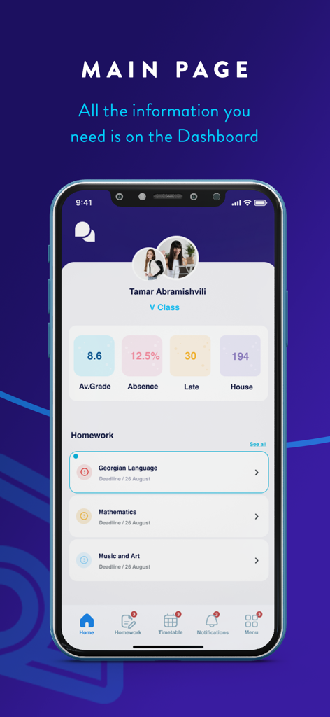 El panel principal de la aplicación SchoolBook que muestra las calificaciones del estudiante, la asistencia y las próximas tareas