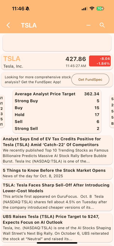 Cotação de ações da Tesla em tempo real mostrando alvos de preço de analistas e classificações em uma interface limpa