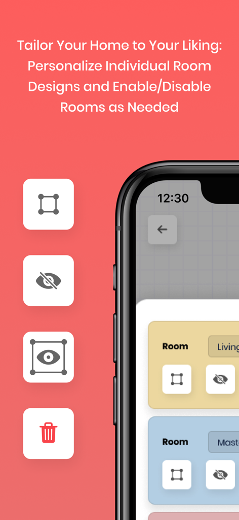 Abode - Home Design & Remodel - Interfaz de la aplicación Abode en un teléfono inteligente que muestra cómo personalizar y administrar diseños de habitaciones individuales con herramientas para editar, ocultar o eliminar habitaciones