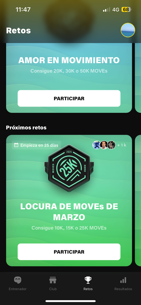 Pantalla de desafíos de fitness y objetivos de MOVIMIENTOS en la aplicación My paidesport.