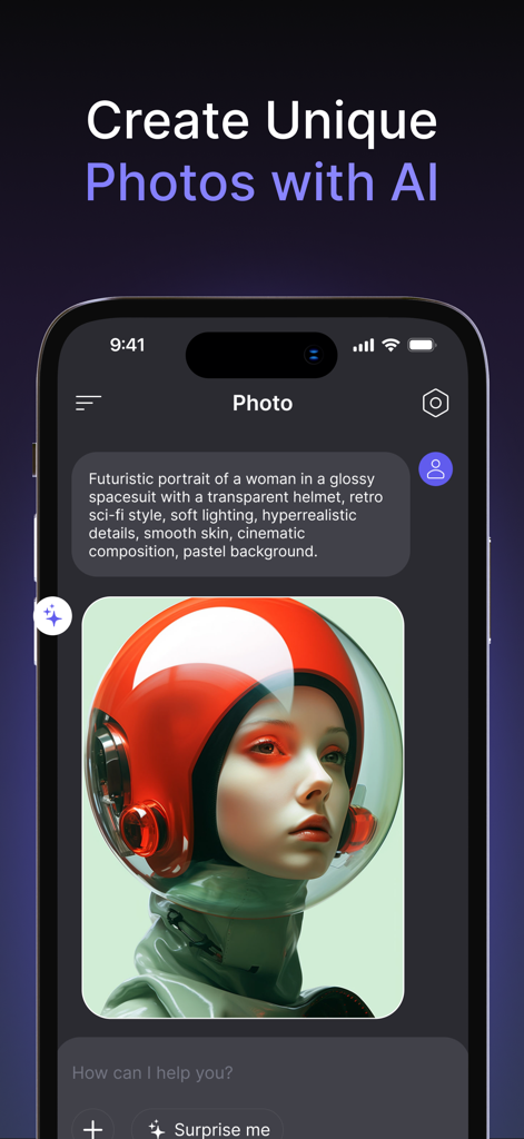 Oberfläche der Qwen KI-App, die einen Text-Prompt und das entsprechende generierte futuristische Porträt einer Frau im Raumanzug zeigt