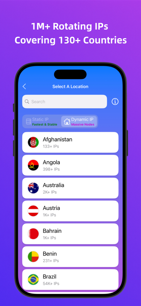 VPN Proxy Spider app displaying a list of server locations across 130 countries with 1 million rotating IPs