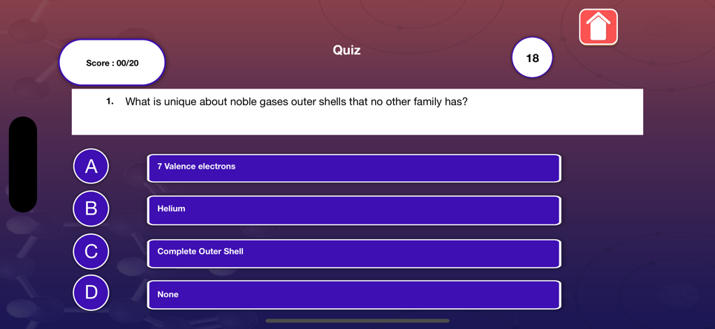 Chemistry quiz question about noble gas outer shells with multiple choice answers