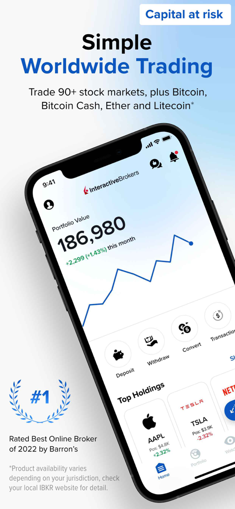 IBKR GlobalTrader - IBKR GlobalTrader mobile app dashboard showing portfolio value and top stock holdings