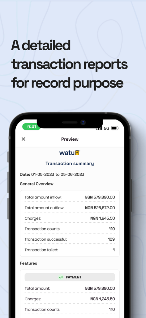 WATU Multipurpose Fintech App - Detailed transaction summary report in the WATU fintech app