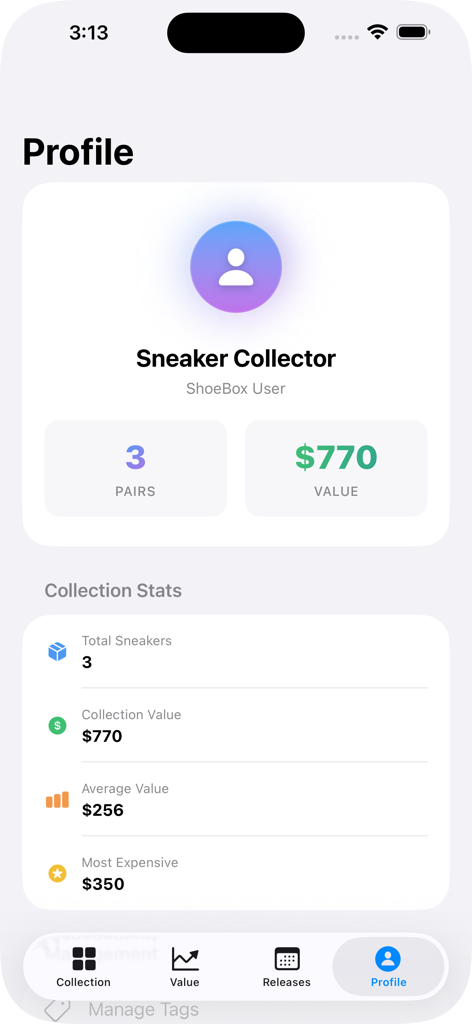 Shoebox - Sneaker Collection - User profile dashboard in Shoebox app showing sneaker collection statistics and total value