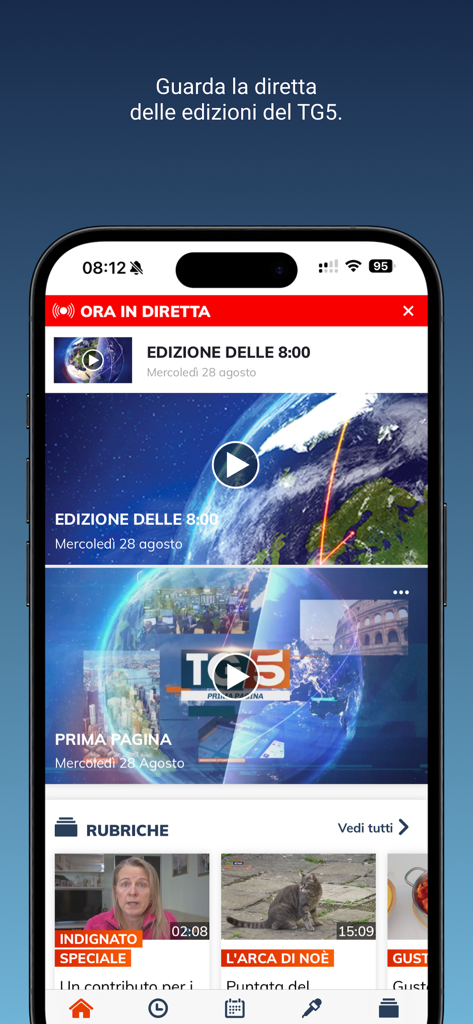 Interfaz de la aplicación móvil TG5 que muestra ediciones de noticias italianas en vivo y segmentos de estilo de vida