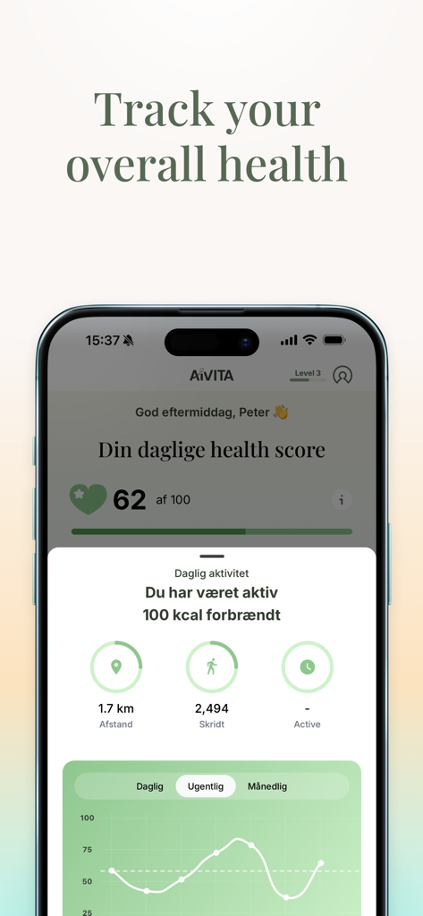 AIVITA - AIVITA app dashboard showing a daily health score of 62 with activity tracking for distance steps and calories burned