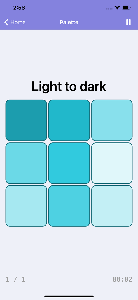 A brain training game screen titled Palette where the user must sort nine teal squares from light to dark shades