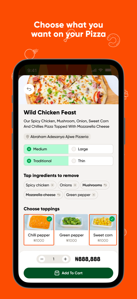 Pizza Jungle - Customizing a Wild Chicken Feast pizza on the Pizza Jungle mobile app.